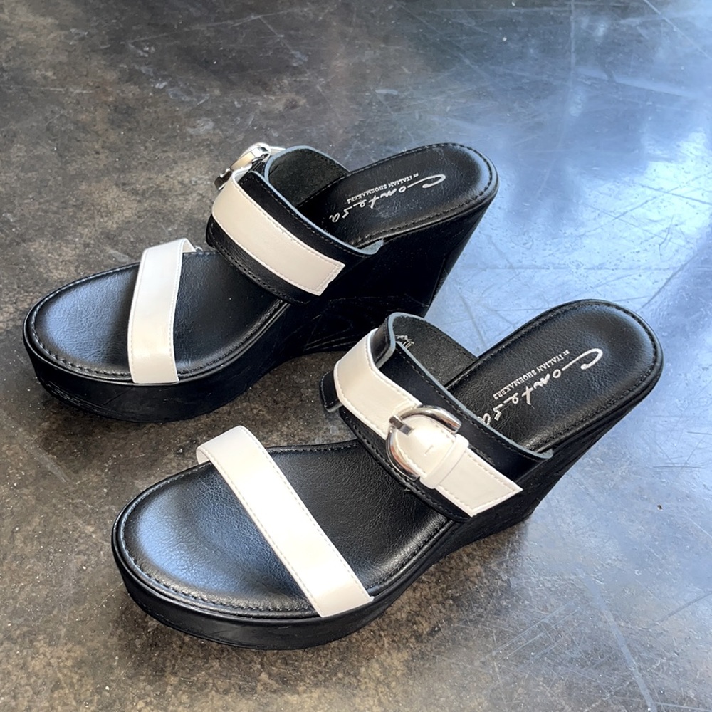 New— in box Black & White Wedge heels made in Italy — never worn -